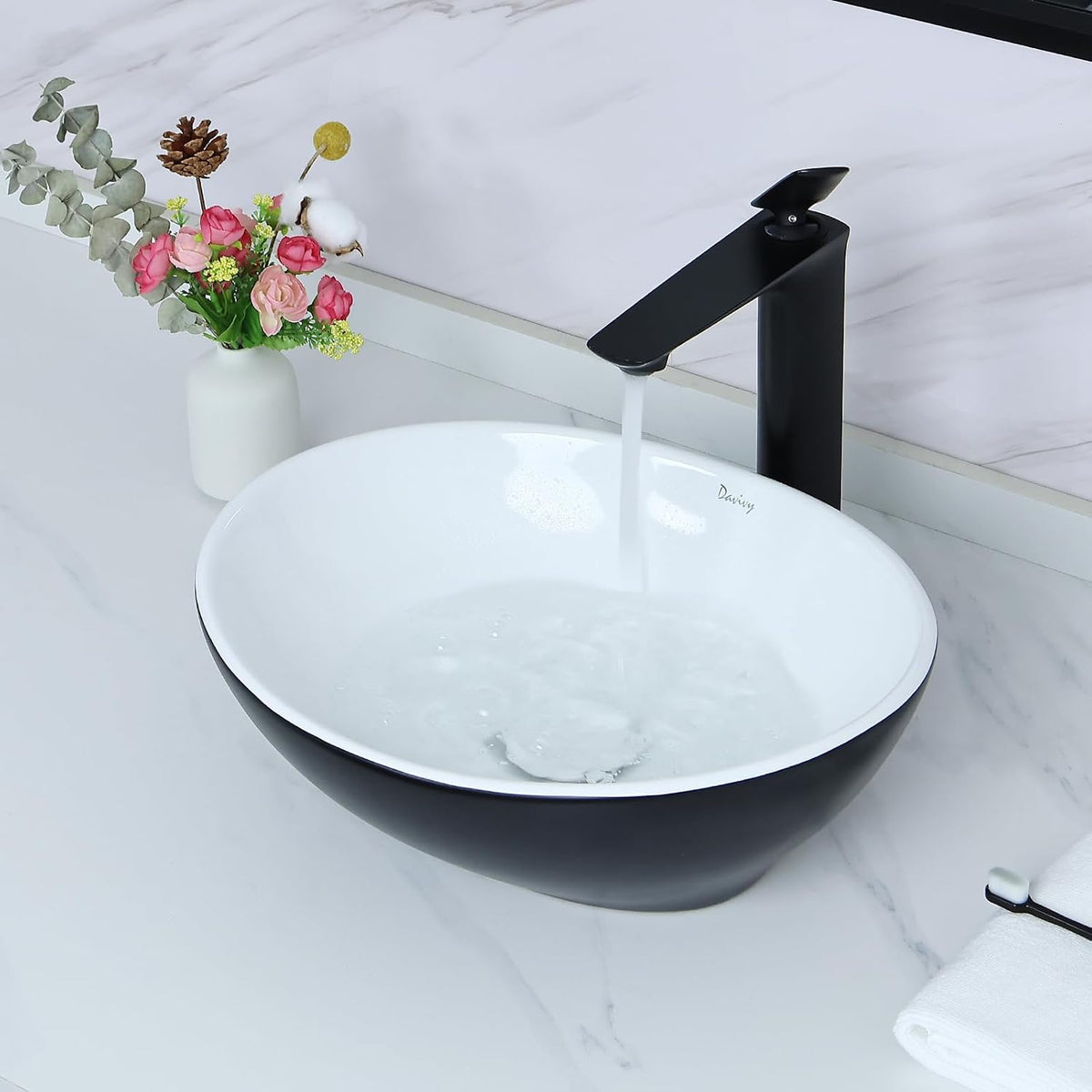 Davivy 15.7'' X 13.4'' Matte Black Oval Vessel Sink with Pop Up Drain,Bathroom Vessel Sinks,Ceramic Vessel Sink,Bathroom Sinks Above Counter,Matte Black Vessel Sinks for Bathrooms