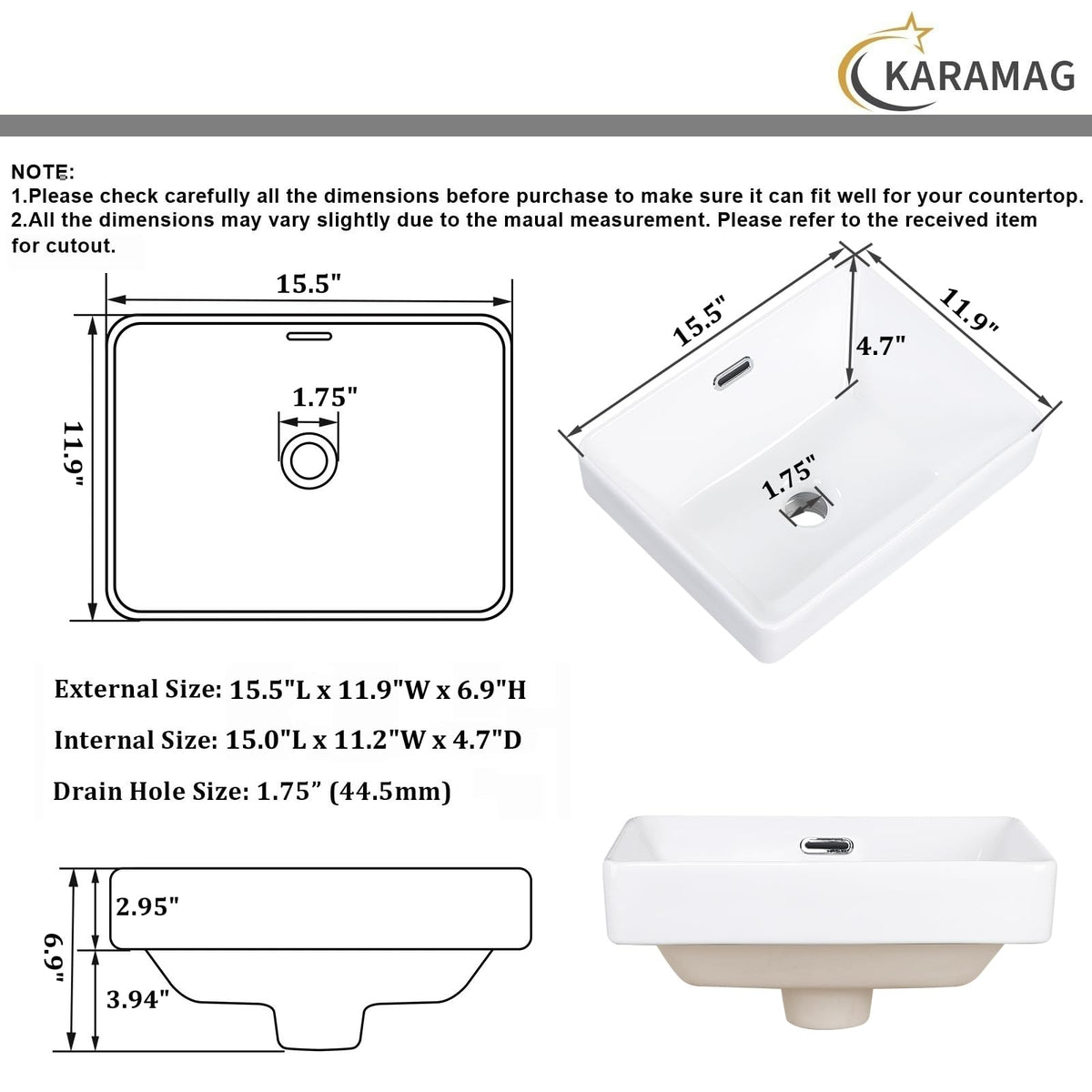 Small Bathroom Vessel Sink 16.7'' x 12.6'' Semi Recessed Bathroom Sink Rectangular Drop-in Vanity Sink with Overflow White Ceramic Modern Art Basin