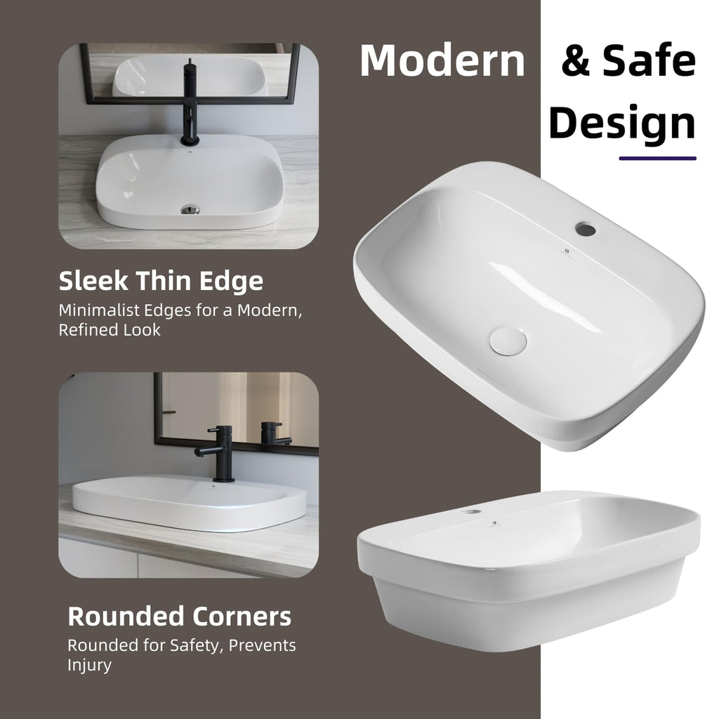 20â³W x 17â³D Drop In Bathroom Sink with Free Pop-Up Drain, White Ceramic Rectangular Semi Recessed Bathroom Sink with Single Faucet Hole, Modern Vessel Sink, Durable Above Counter Basin