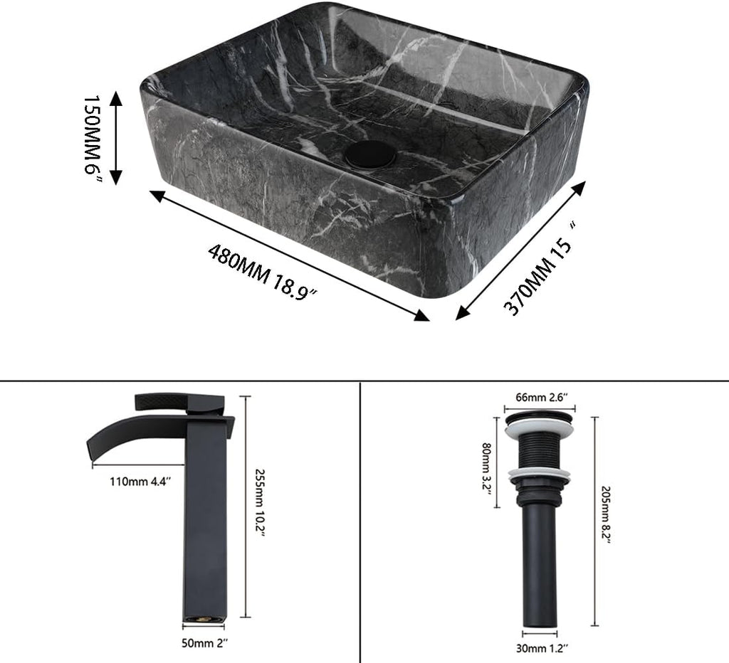 19"x15" Black Marbling Vessel Sink Set Rectangular