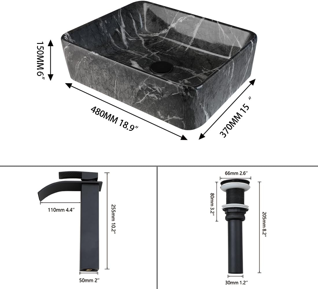 19"x15" Black Marbling Vessel Sink Set Rectangular