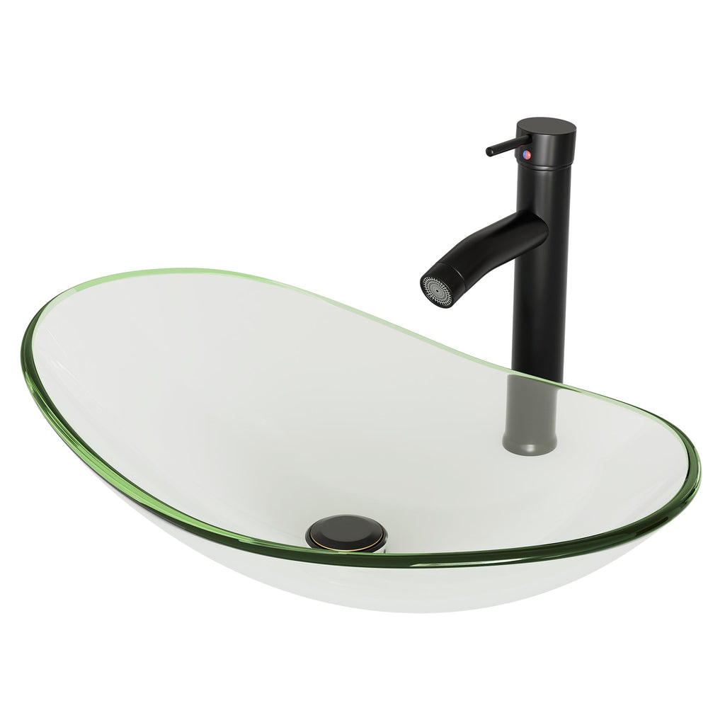 Vessel Sink Bathroom Sinks Tempered Glass Art Basin 20.8"x13.7" Oval Bowl Above Counter with Faucet and Pop-Up Drain Combo, Oval Clear Grey,Modern Countertop Bowl Sink