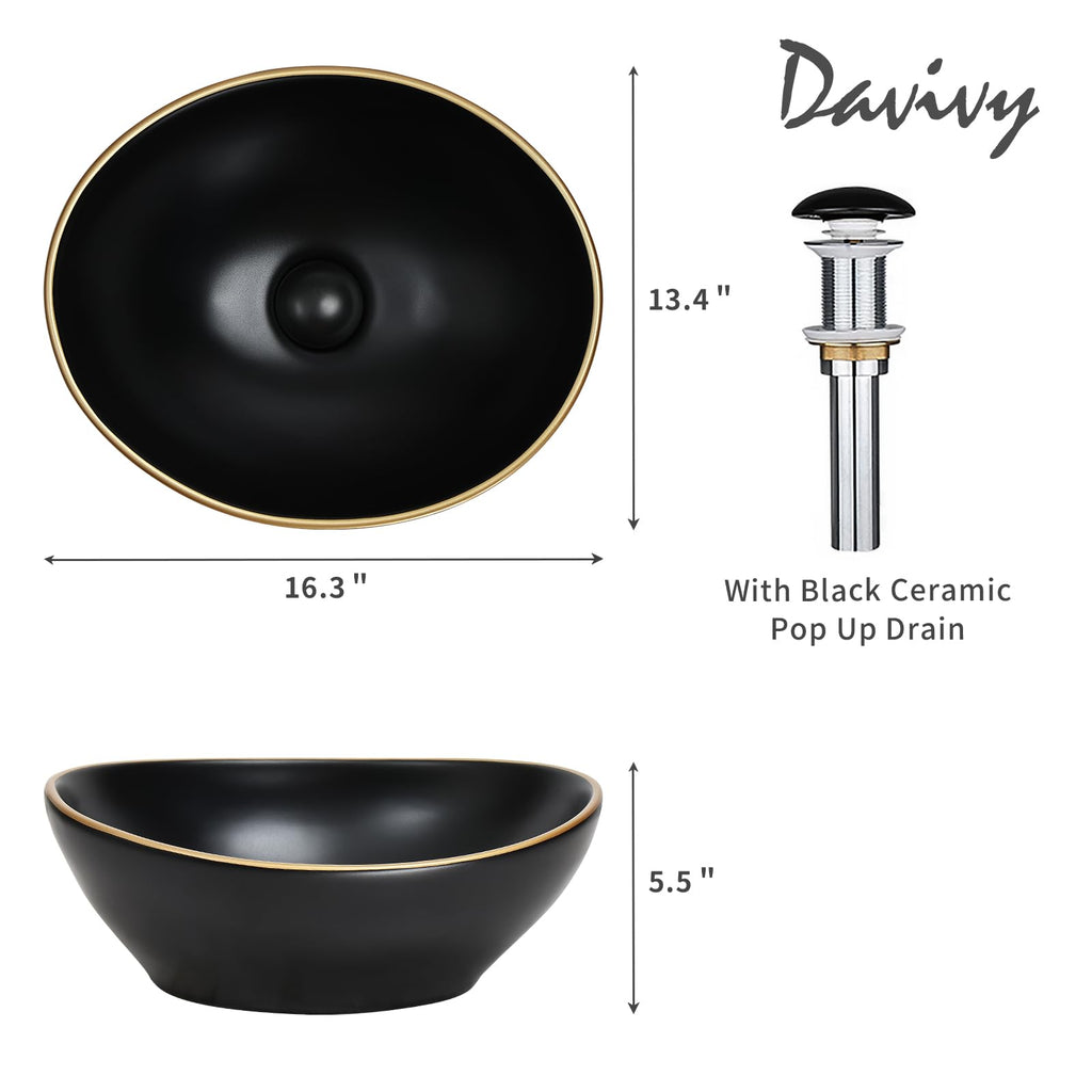 Davivy 16'' X 13'' Nordic Marbling Oval Vessel Sink with Pop Up Drain,Ceramic Vessel Sink,Bathroom Sinks Above Counter,Bathroom Vessel Sinks,Counter top Sink,Oval Sink Bowls for Bathroom