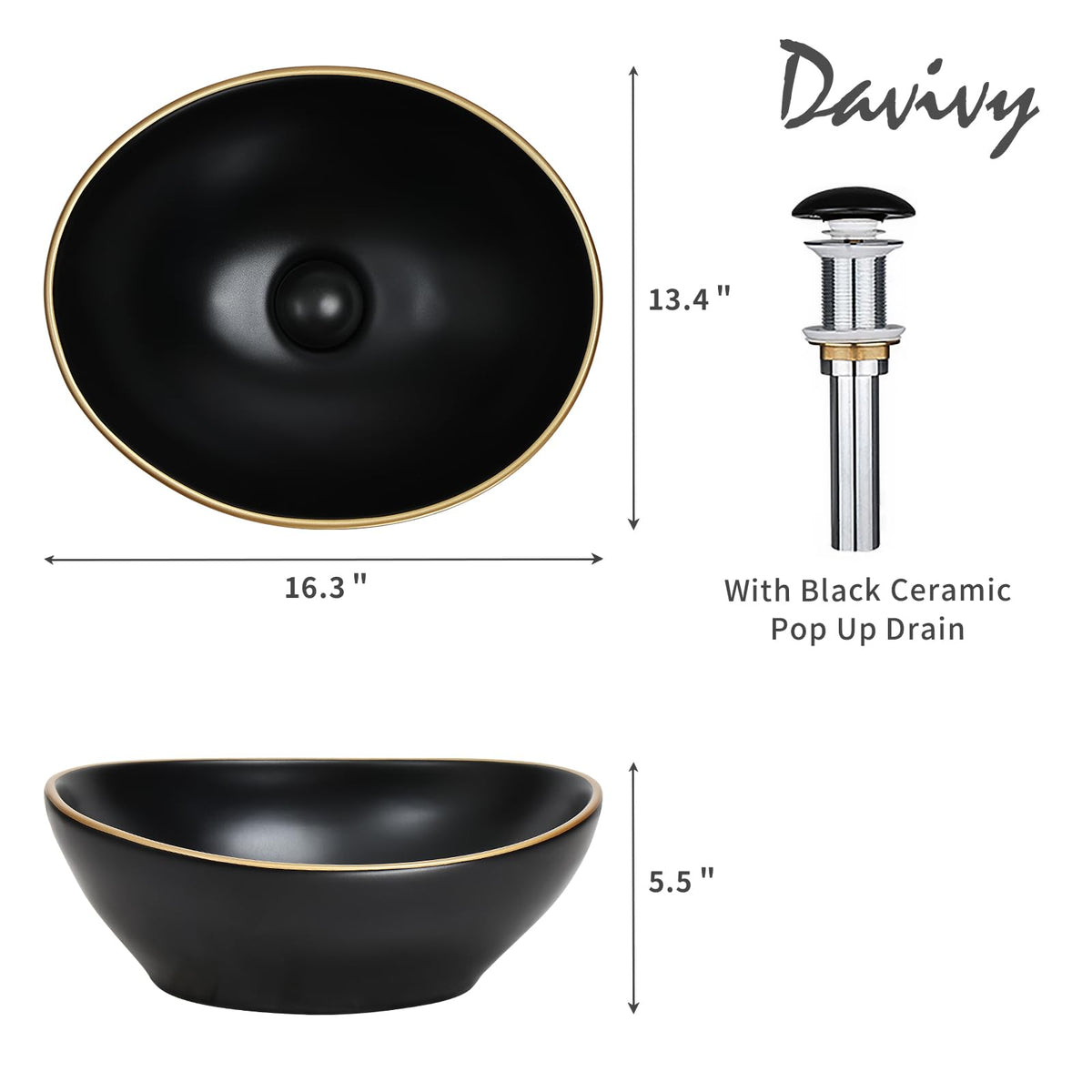 Davivy 16'' X 13'' Nordic Marbling Oval Vessel Sink with Pop Up Drain,Ceramic Vessel Sink,Bathroom Sinks Above Counter,Bathroom Vessel Sinks,Counter top Sink,Oval Sink Bowls for Bathroom