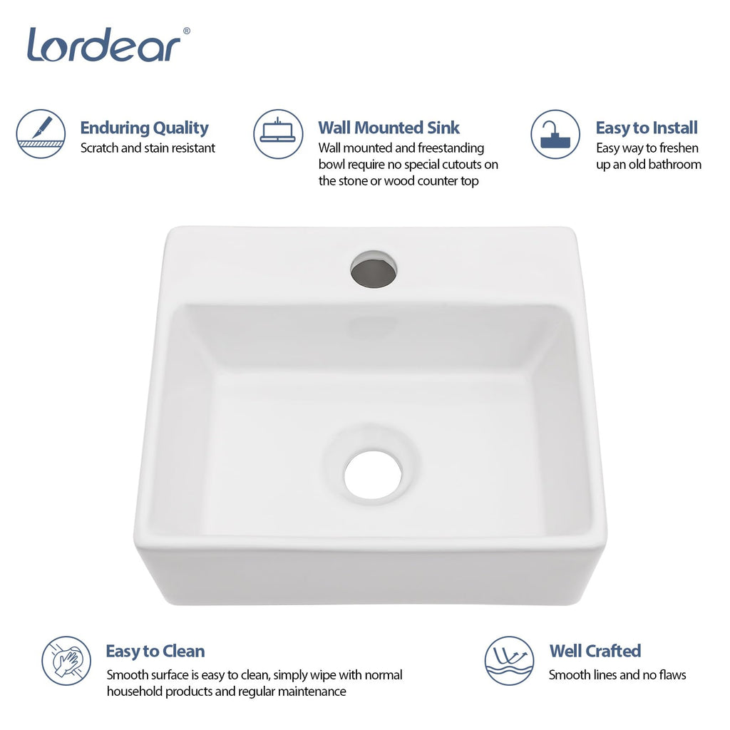 Lordear Wall Mounted Vessel Sink 16x11 Inch, U-Shape White Porcelain Bathroom Sink with Black Faucet and Support Pedestal Legs, Wall Hung Vanity Sink with Towel Rack for Small Bathrooms
