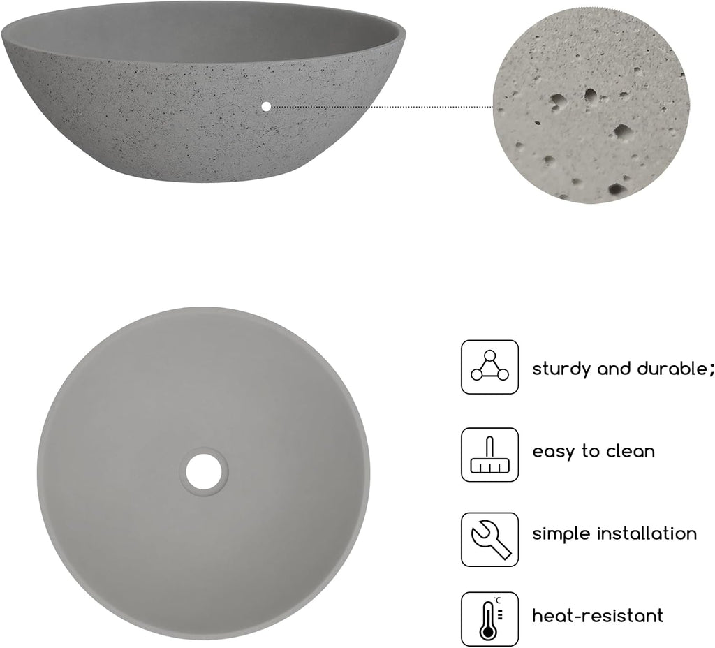 Design Vessel Sink Concrete Bathroom Sink above Counter Small Vessel Sink Bathroom Sink Bowl Countertop Modern Sinks with Faucet and Drain Combo 15.7" Round Gray