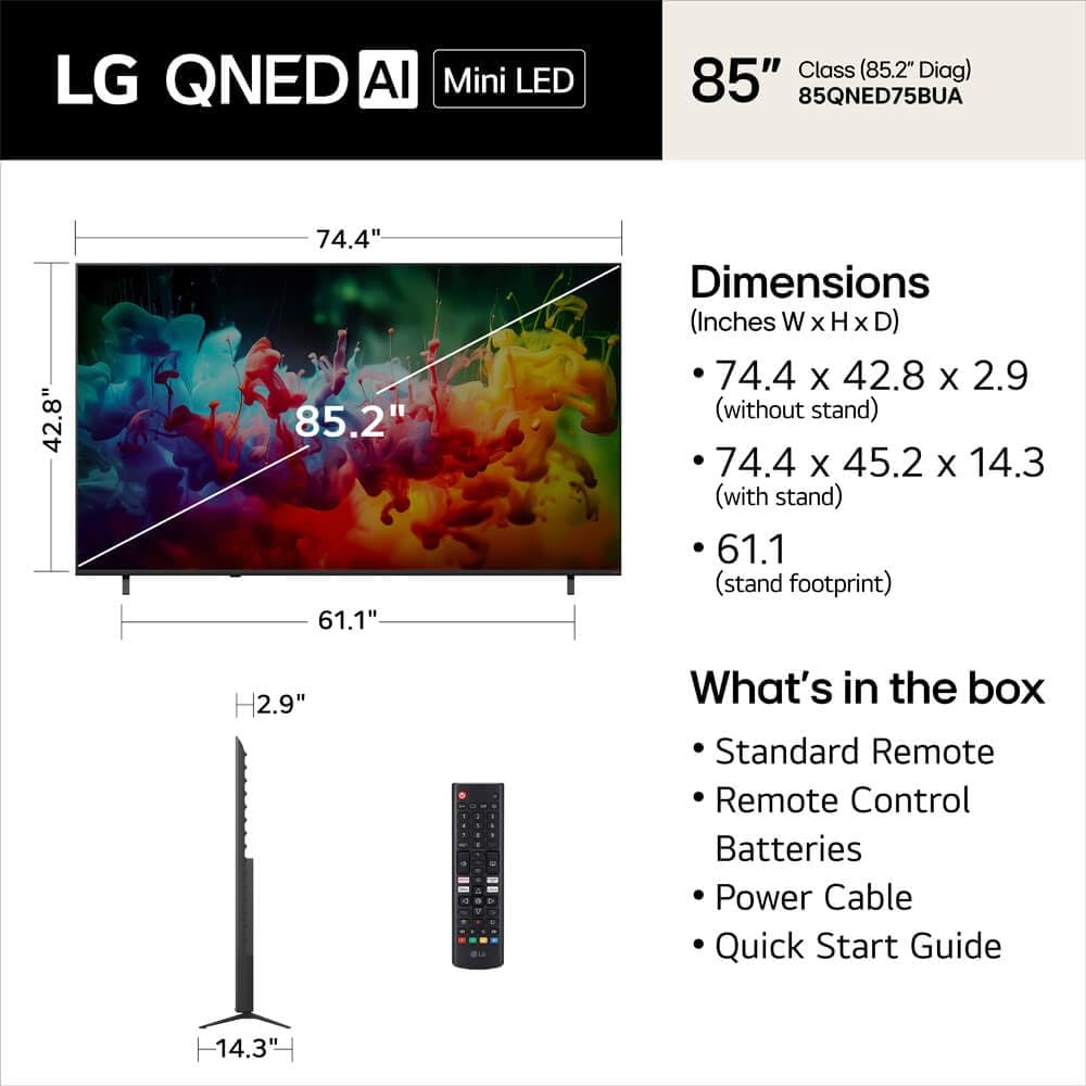 LG 85" QNED75B Mini LED Smart TV Bundle with HDMI & CPS Plan