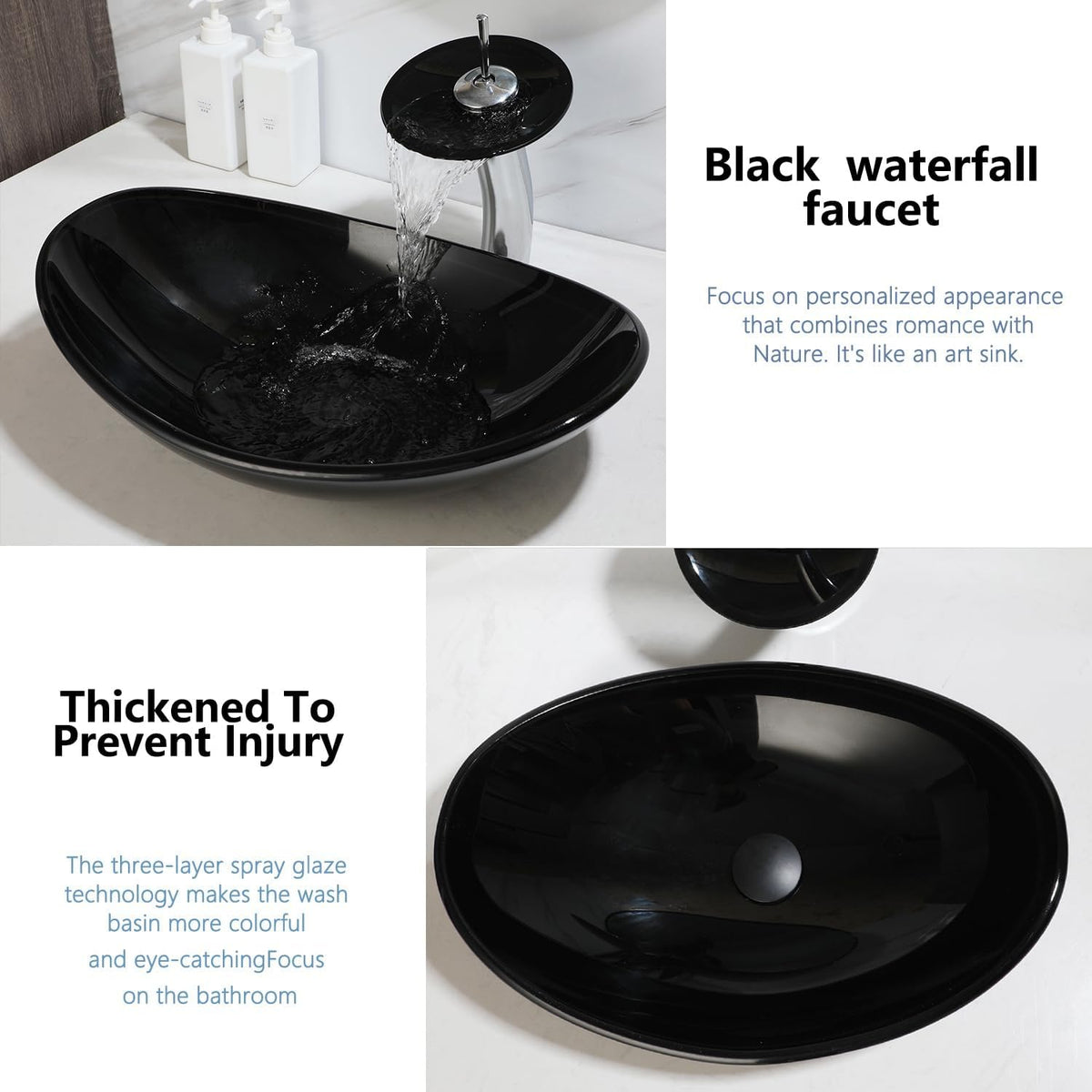 22" Black Oval Bathroom Vessel Sink Tempered Glass Washing Bowl