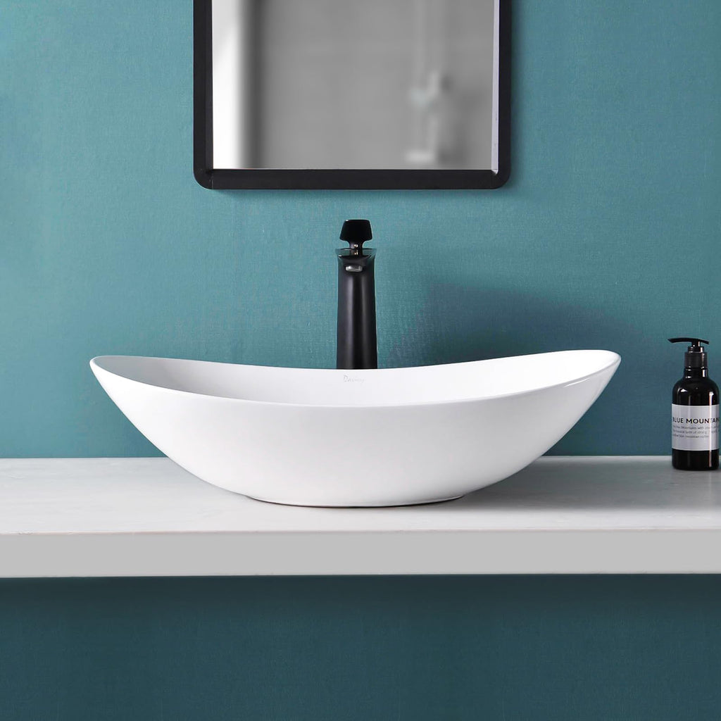 Davivy 24.5'' X 13.8'' Large Matte Black Oval Vessel Sink with Pop Up Drain,Ceramic Bathroom Sink Above Counter,Matte Black and White Vessel Sink for Bathroom (Large)