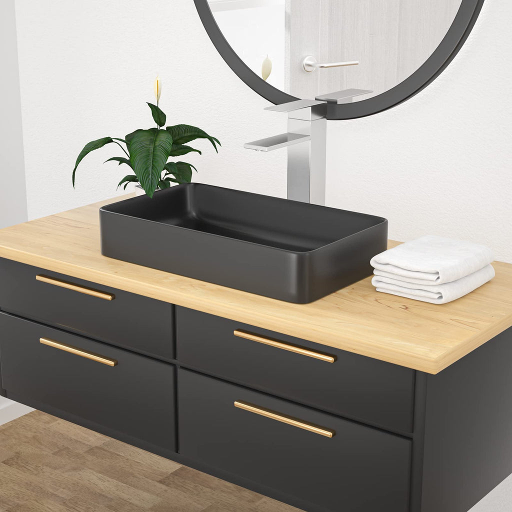 Kichae 16"x12" Vessel Sink Rectangle - Modern Above Matte Black Porcelain Ceramic Bathroom Vessel Vanity Sink Bowl Art Basin