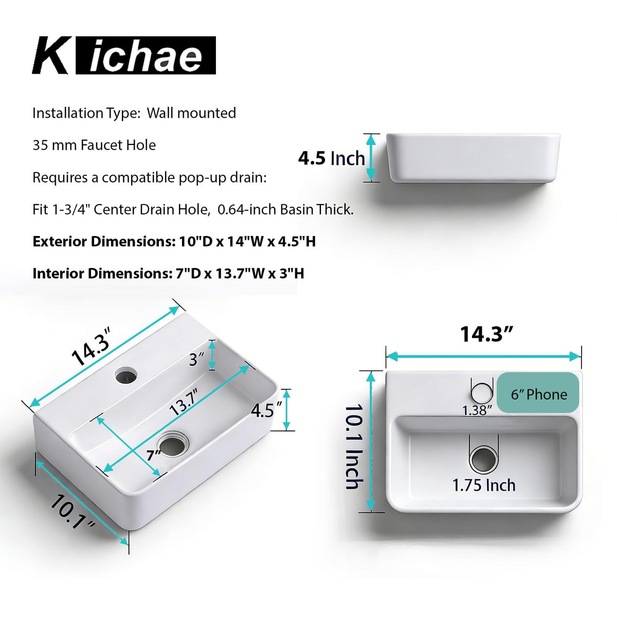 Kichae 16"x12" Vessel Sink Rectangle - Modern Above Matte Black Porcelain Ceramic Bathroom Vessel Vanity Sink Bowl Art Basin