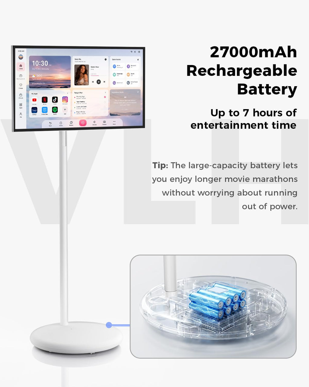 VLH 32 Inch Smart Portable TV Tablet with Rolling Stand, 1080P Touch Screen Rolling TV, Built-in 38400mAh Battery, Android 15, 8+128GB Wireless TV on Wheels with Remote, 360Â° Rotation, 5MP Camera