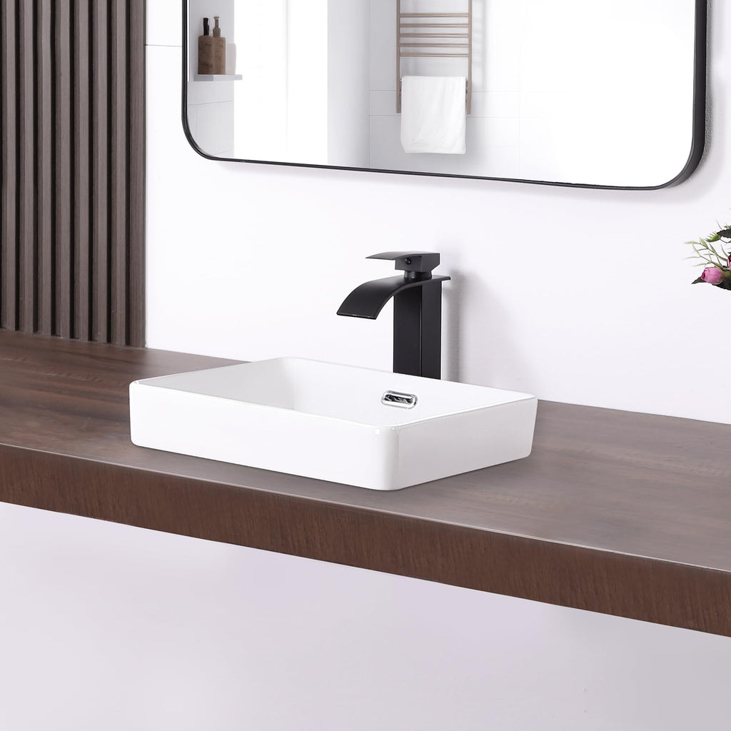 Small Bathroom Vessel Sink 16.7'' x 12.6'' Semi Recessed Bathroom Sink Rectangular Drop-in Vanity Sink with Overflow White Ceramic Modern Art Basin