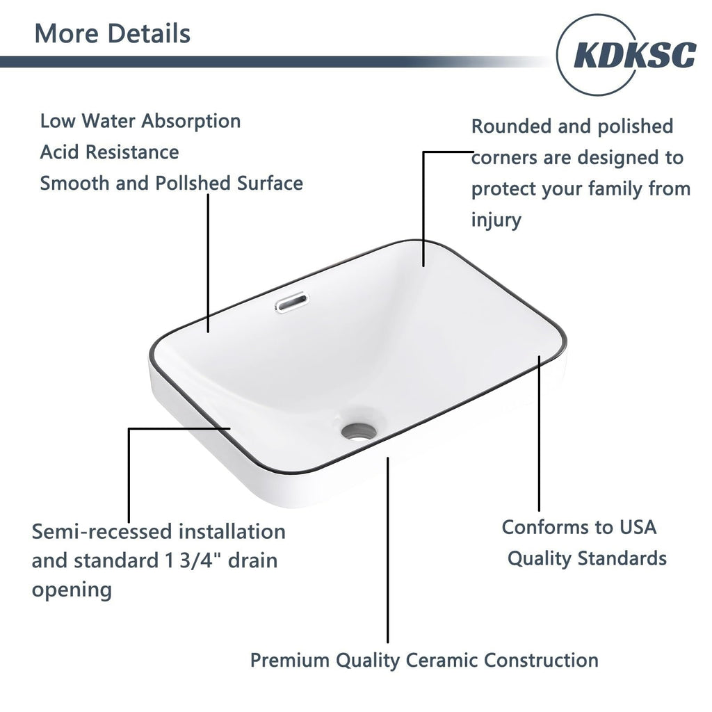 Bathroom Vessel Sink 16.7" X 12.6" Semi Recessed Bathroom Sink Rectangular Drop In Bathroom Sinks with Overflow White Ceramic Vessel Sinks for Bathroom Modern Above Counter Basin Vanity Sink