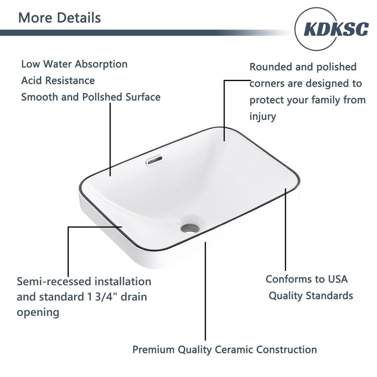 Bathroom Vessel Sink 16.7" X 12.6" Semi Recessed Bathroom Sink Rectangular Drop In Bathroom Sinks with Overflow White Ceramic Vessel Sinks for Bathroom Modern Above Counter Basin Vanity Sink