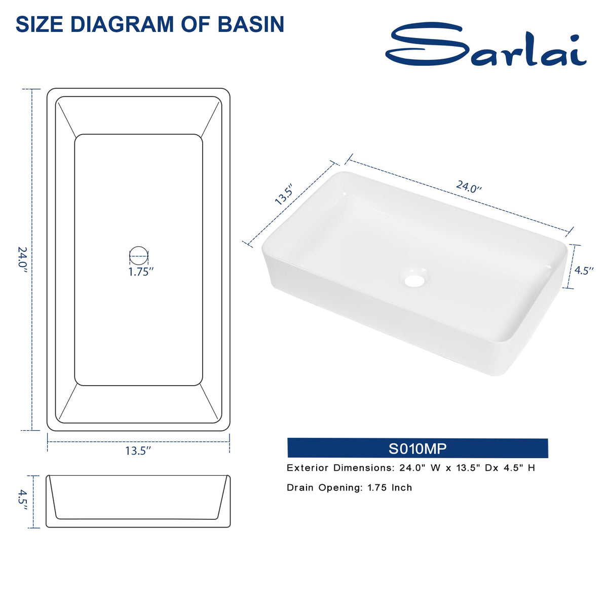 Sarlai Black Vessel Sink Rectangular - 24"x14" Modern Bathroom Vessel Sink Rectangle Above Counter Black Ceramic Porcelain Lavatory Vanity Sink Art Basin