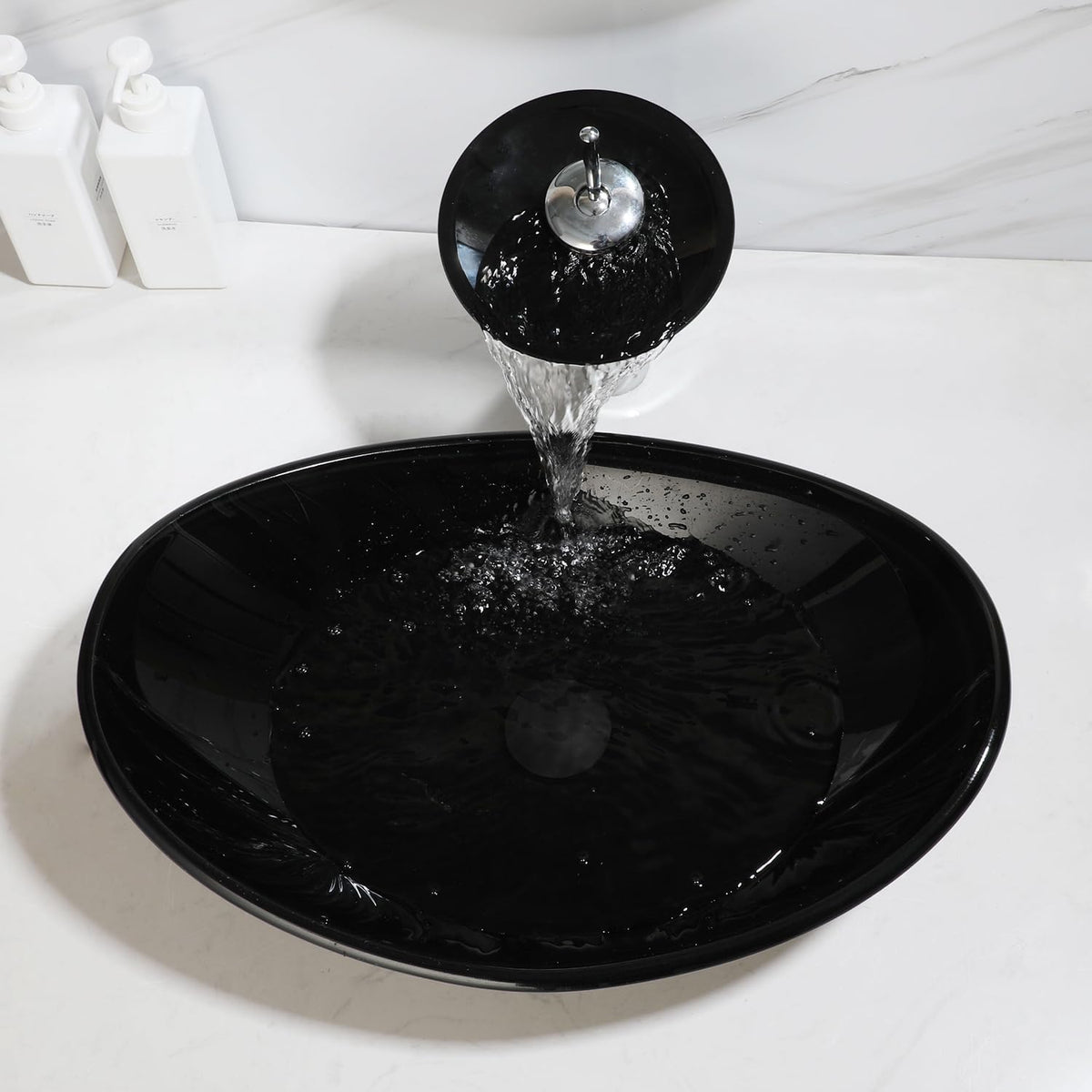 22" Black Oval Bathroom Vessel Sink Tempered Glass Washing Bowl