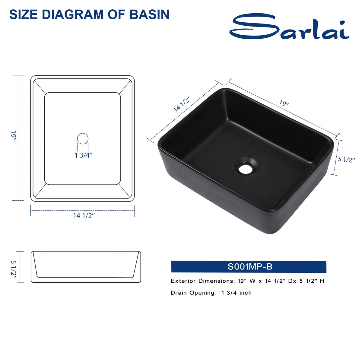 Sarlai Black Vessel Sink Rectangular - 24"x14" Modern Bathroom Vessel Sink Rectangle Above Counter Black Ceramic Porcelain Lavatory Vanity Sink Art Basin