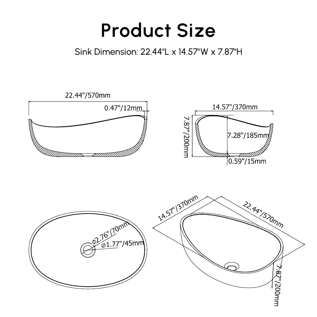 22.44'' Stone Resin Bathroom Vessel Sink, Glossy White