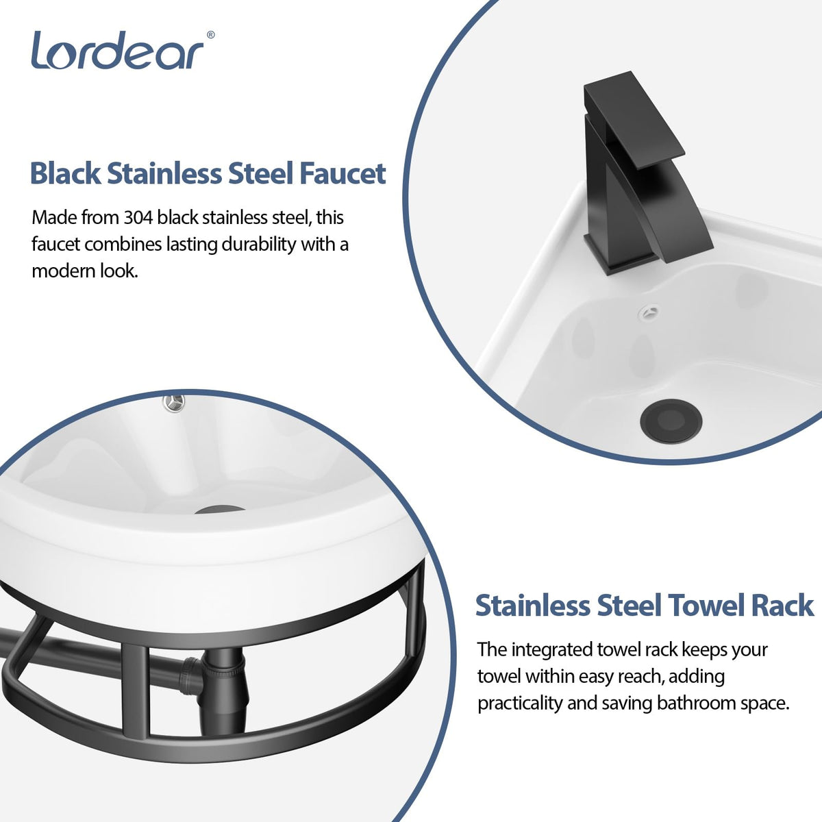 Lordear Wall Mounted Vessel Sink 16x11 Inch, U-Shape White Porcelain Bathroom Sink with Black Faucet and Support Pedestal Legs, Wall Hung Vanity Sink with Towel Rack for Small Bathrooms
