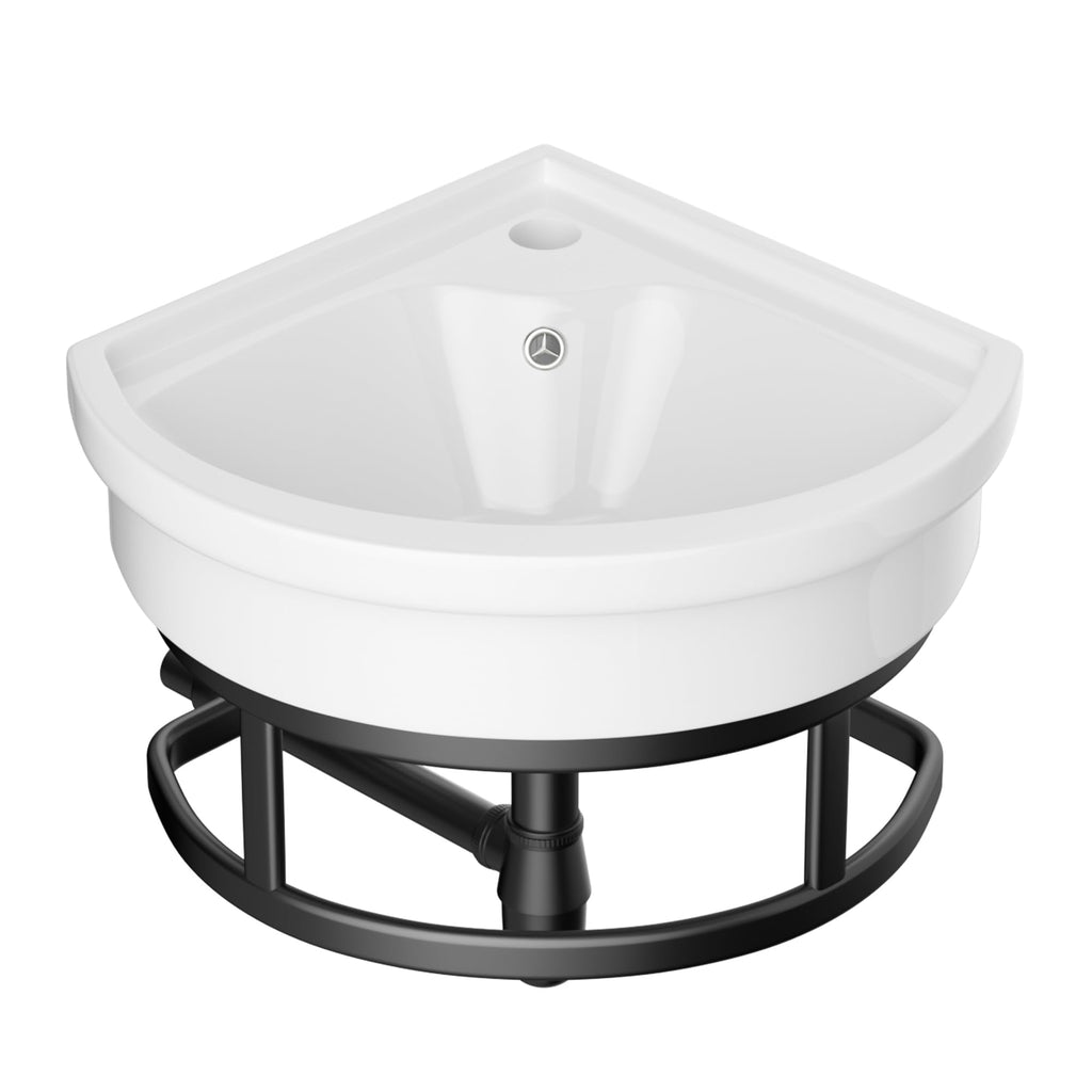 Lordear Wall Mounted Vessel Sink 16x11 Inch, U-Shape White Porcelain Bathroom Sink with Black Faucet and Support Pedestal Legs, Wall Hung Vanity Sink with Towel Rack for Small Bathrooms
