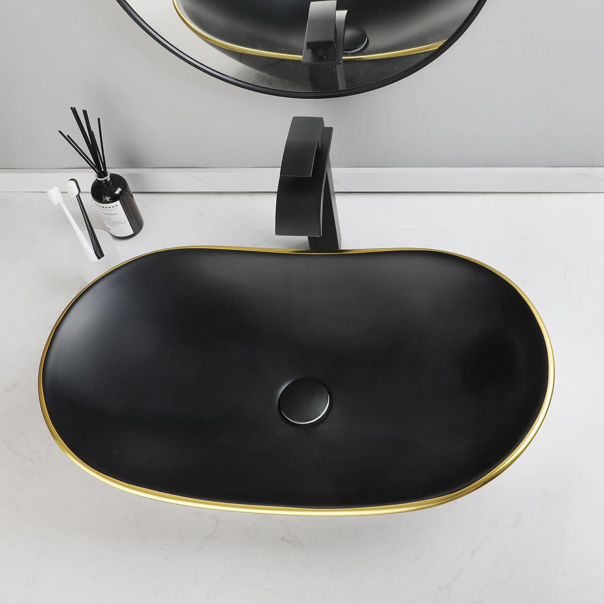 Ceramic Matte Black Bathroom Sink with Gold Trim,Oval Porcelain Vessel Sink with Faucet and Drain Combo,Above Counter Wash Basin Sink bowl