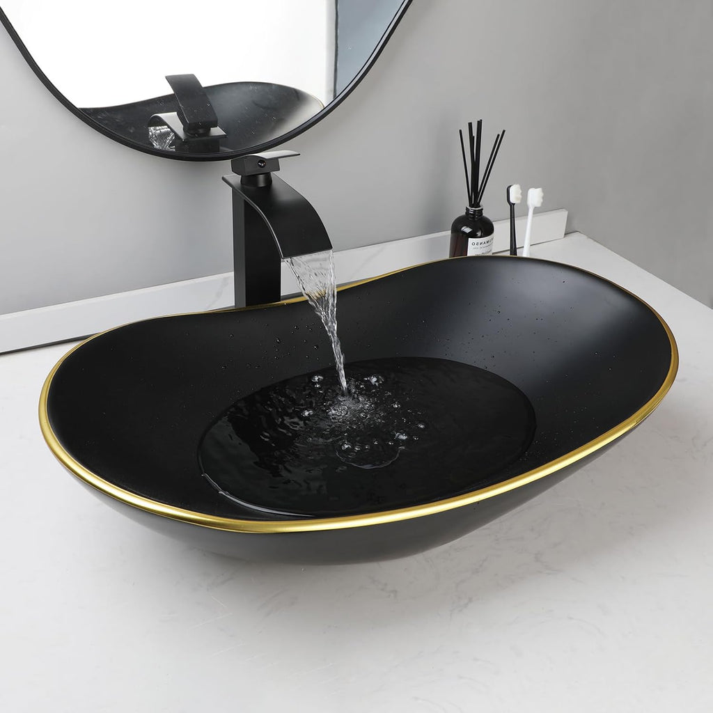 Ceramic Matte Black Bathroom Sink with Gold Trim,Oval Porcelain Vessel Sink with Faucet and Drain Combo,Above Counter Wash Basin Sink bowl
