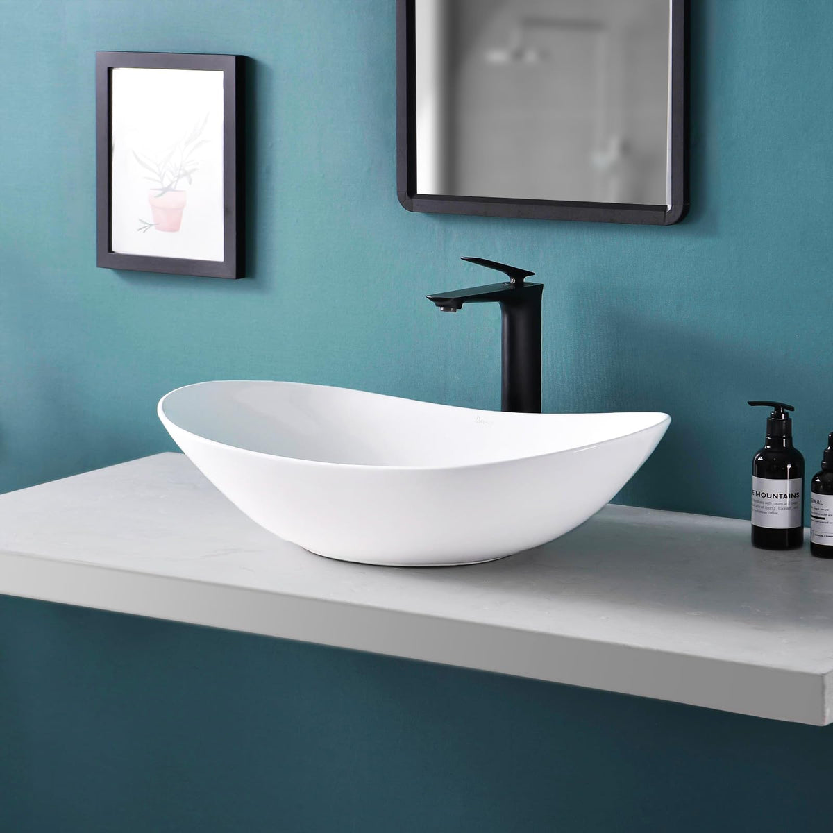 Davivy 24.5'' X 13.8'' Large Matte Black Oval Vessel Sink with Pop Up Drain,Ceramic Bathroom Sink Above Counter,Matte Black and White Vessel Sink for Bathroom (Large)
