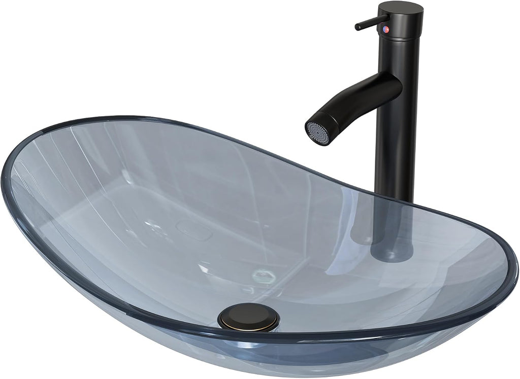Vessel Sink Bathroom Sinks Tempered Glass Art Basin 20.8"x13.7" Oval Bowl Above Counter with Faucet and Pop-Up Drain Combo, Oval Clear Grey,Modern Countertop Bowl Sink