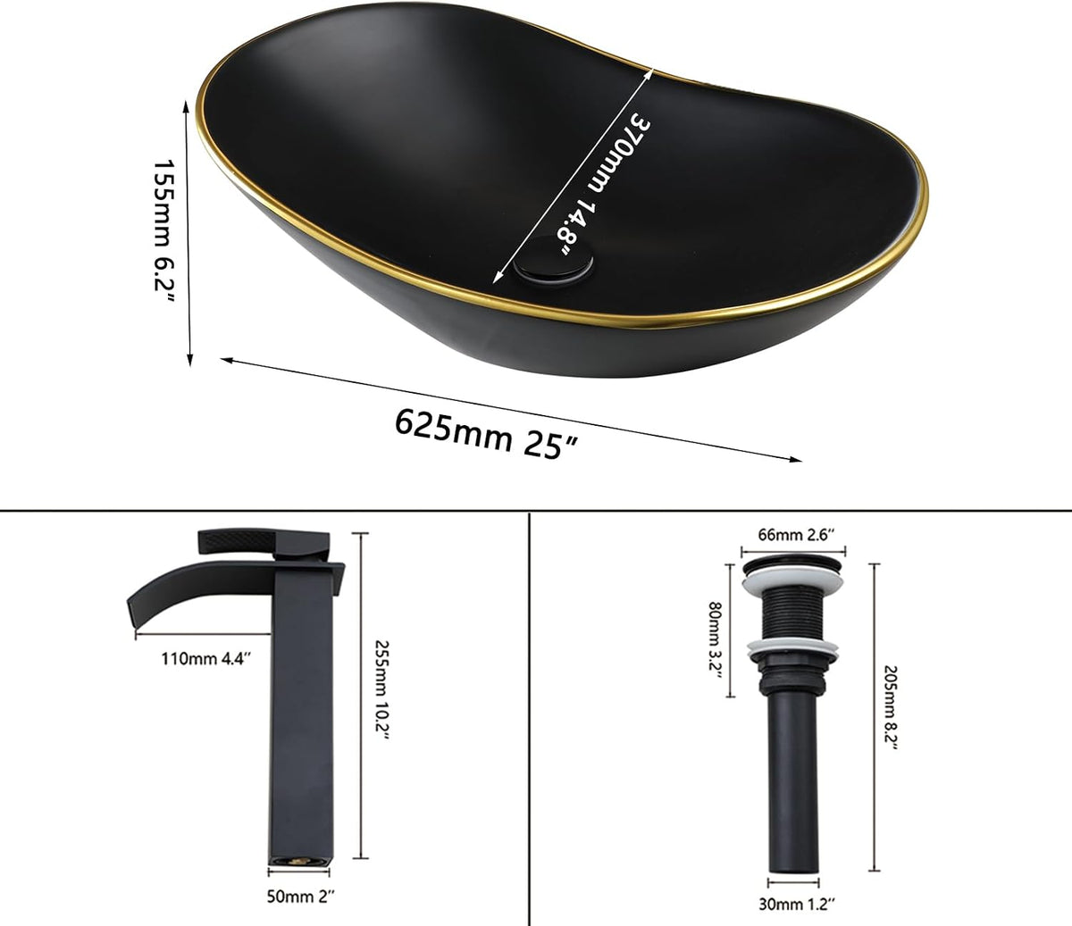 Ceramic Matte Black Bathroom Sink with Gold Trim,Oval Porcelain Vessel Sink with Faucet and Drain Combo,Above Counter Wash Basin Sink bowl