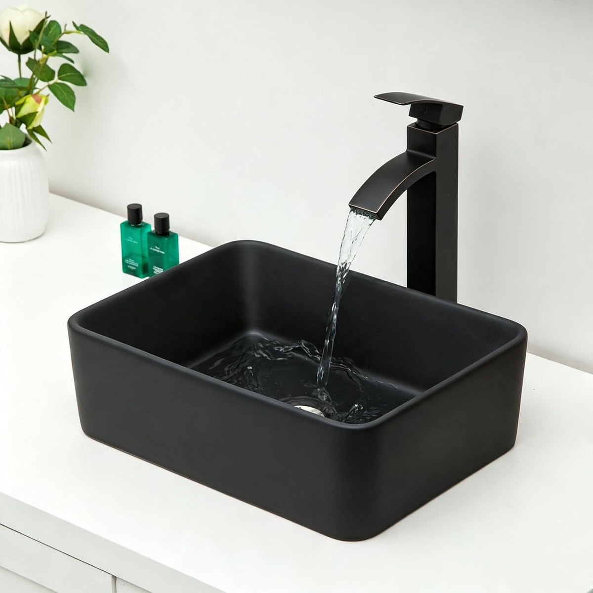 Kichae 16"x12" Vessel Sink Rectangle - Modern Above Matte Black Porcelain Ceramic Bathroom Vessel Vanity Sink Bowl Art Basin