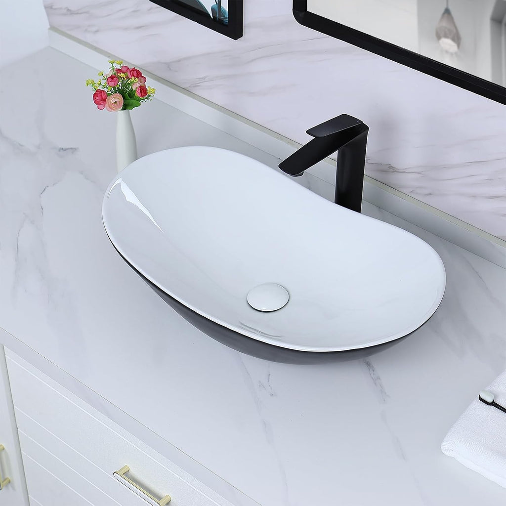 Davivy 24.5'' X 13.8'' Large Matte Black Oval Vessel Sink with Pop Up Drain,Ceramic Bathroom Sink Above Counter,Matte Black and White Vessel Sink for Bathroom (Large)