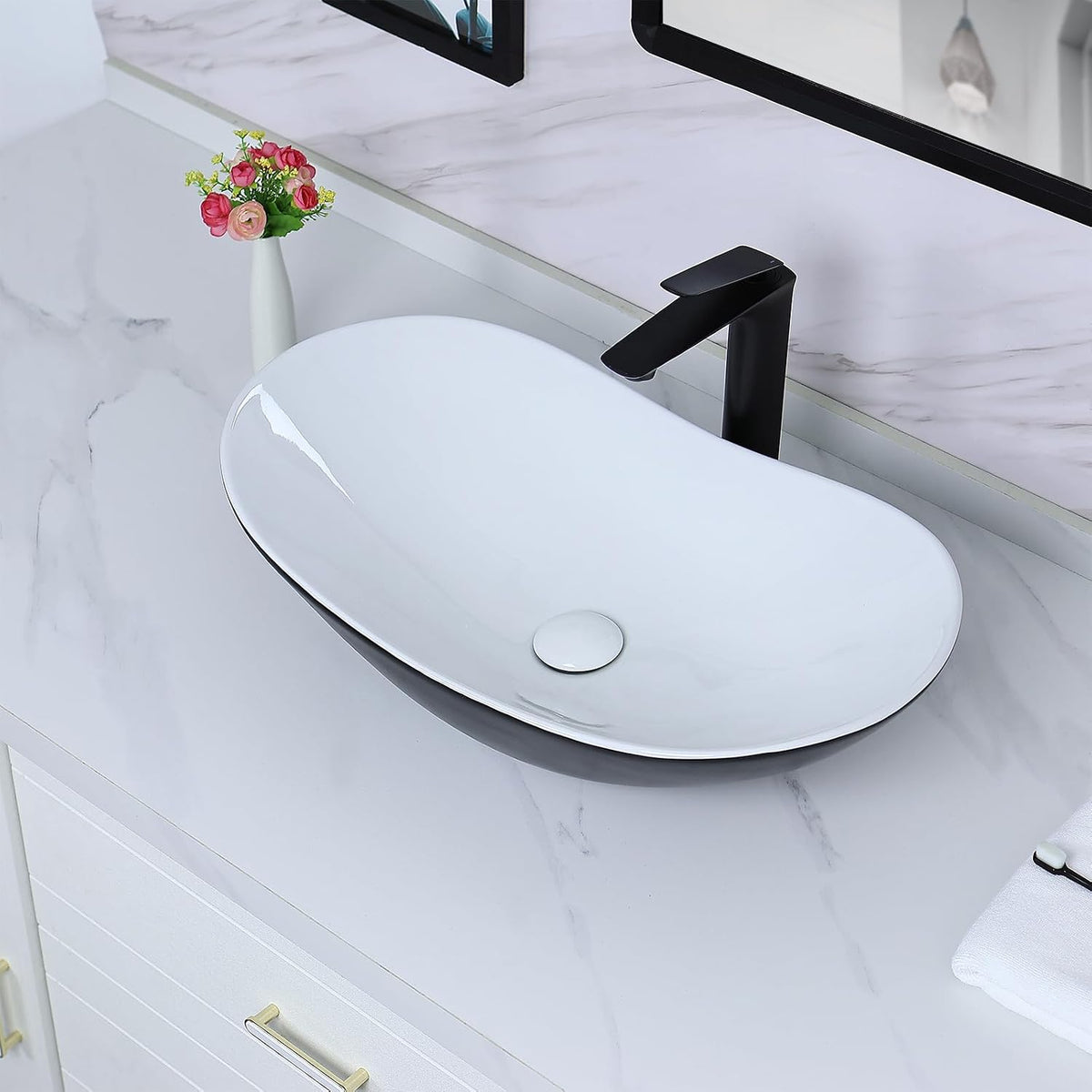 Davivy 24.5'' X 13.8'' Large Matte Black Oval Vessel Sink with Pop Up Drain,Ceramic Bathroom Sink Above Counter,Matte Black and White Vessel Sink for Bathroom (Large)