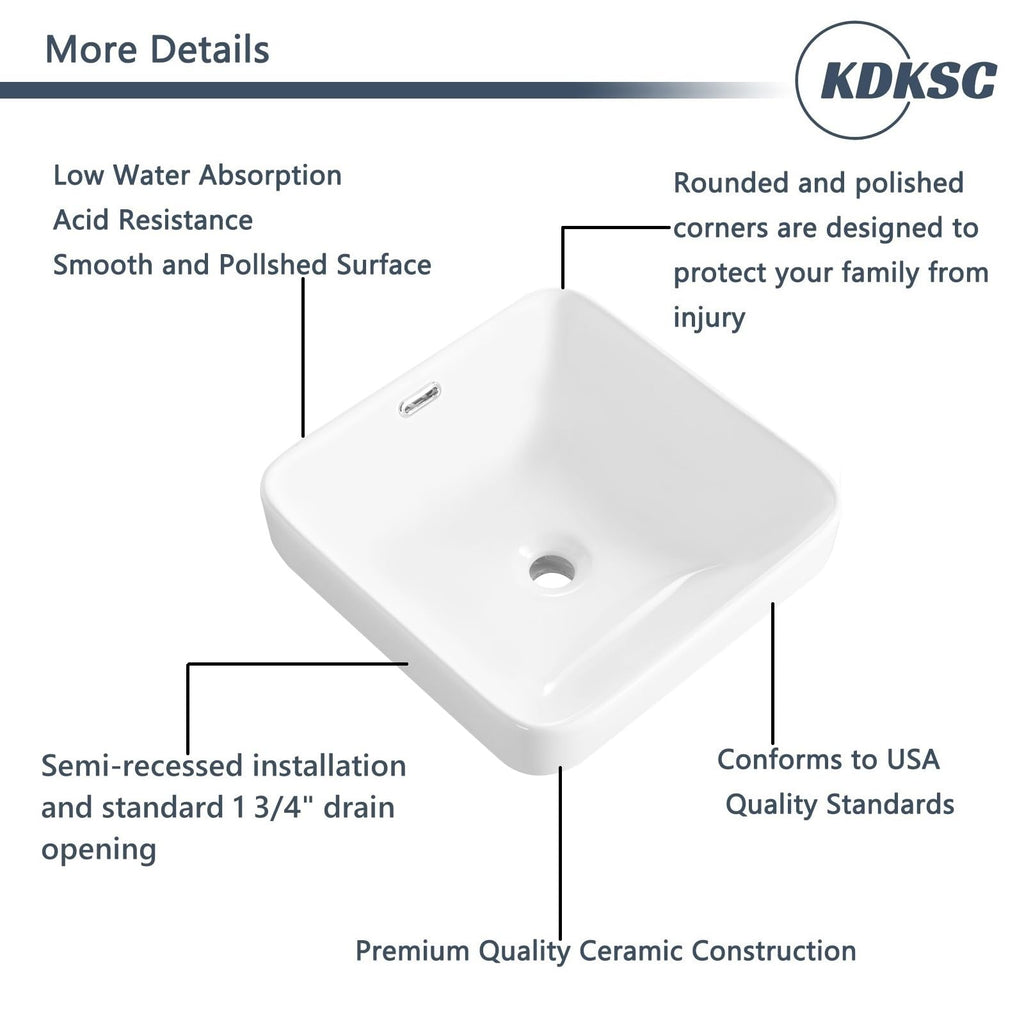 Bathroom Vessel Sink 16.7" X 12.6" Semi Recessed Bathroom Sink Rectangular Drop In Bathroom Sinks with Overflow White Ceramic Vessel Sinks for Bathroom Modern Above Counter Basin Vanity Sink