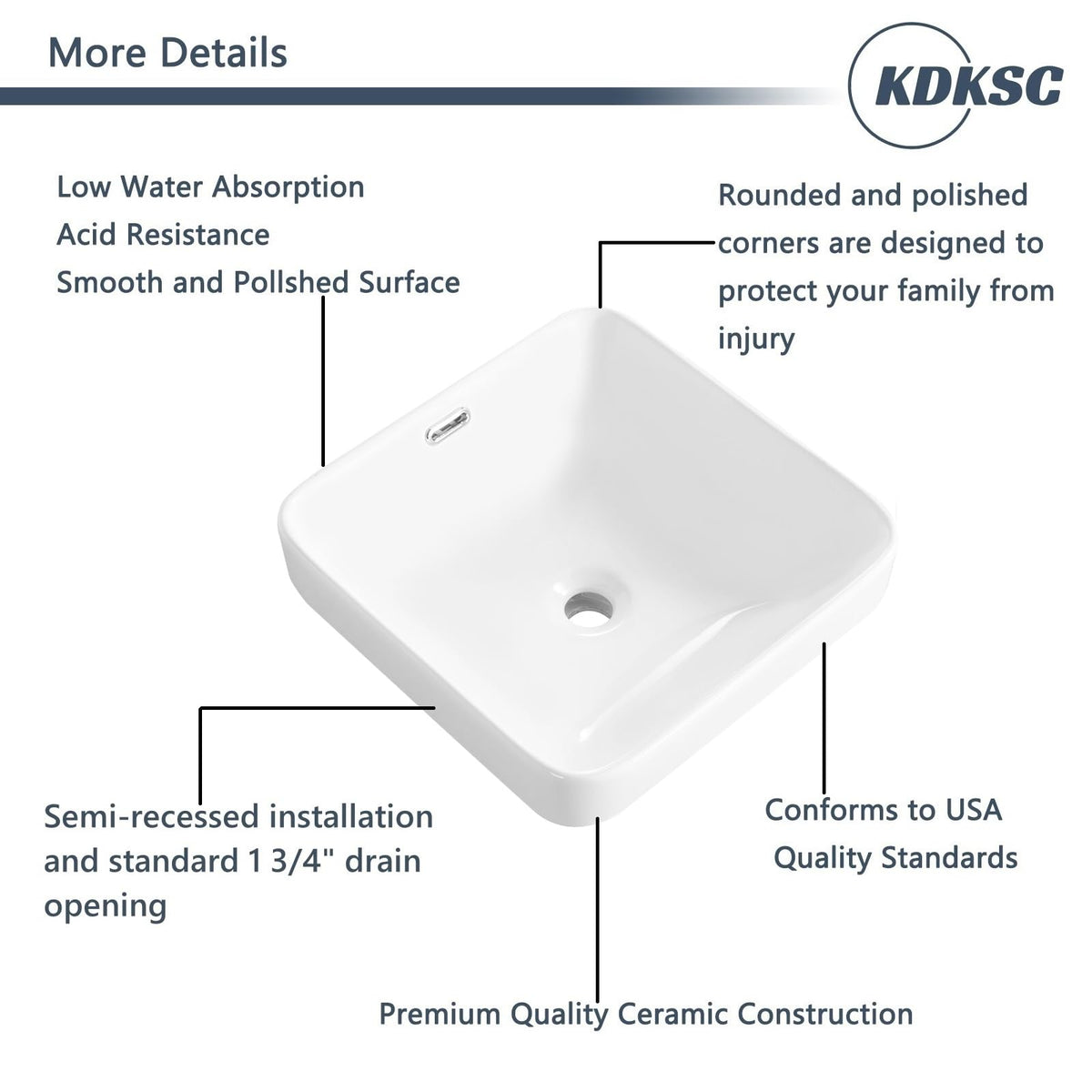 Bathroom Vessel Sink 16.7" X 12.6" Semi Recessed Bathroom Sink Rectangular Drop In Bathroom Sinks with Overflow White Ceramic Vessel Sinks for Bathroom Modern Above Counter Basin Vanity Sink