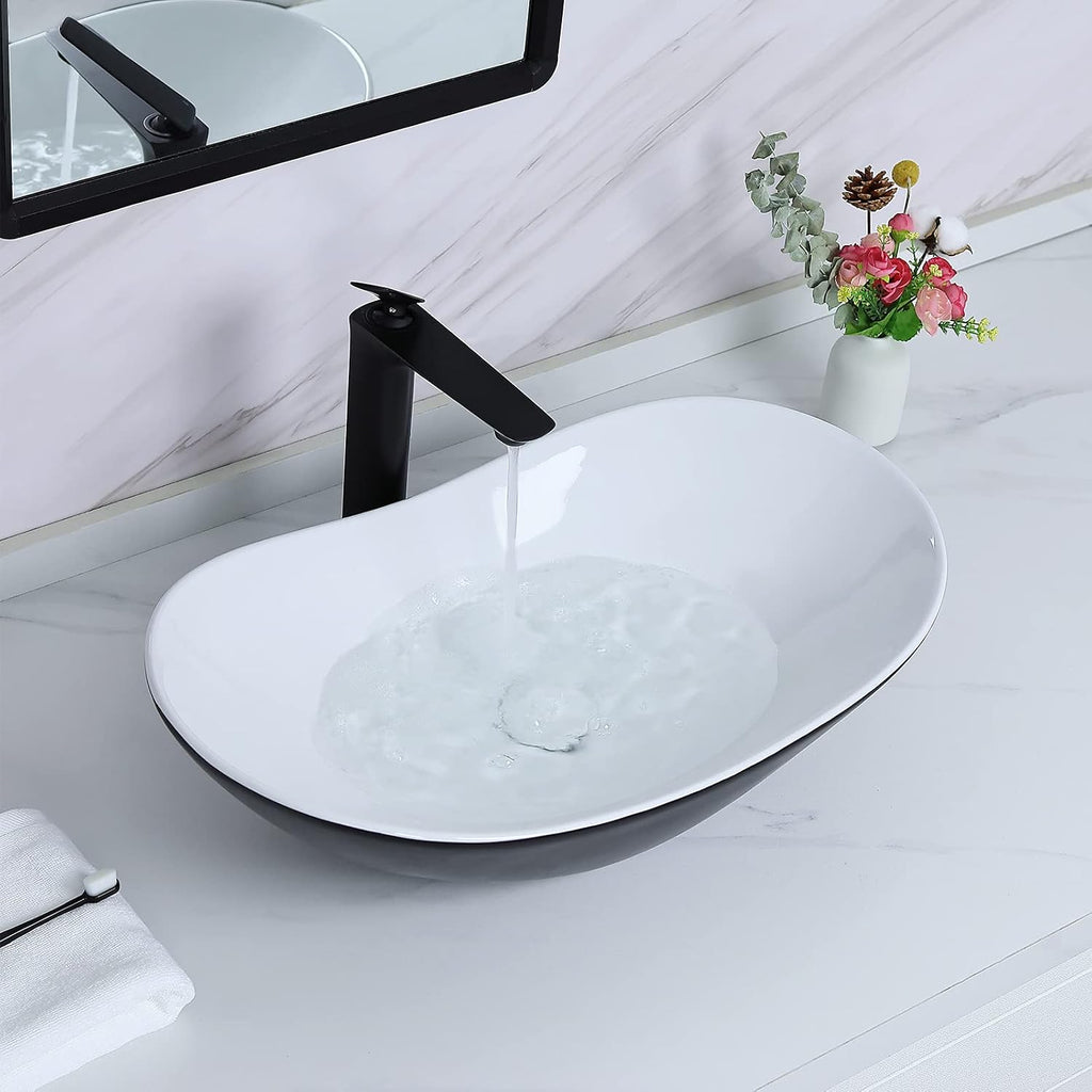 Davivy 24.5'' X 13.8'' Large Matte Black Oval Vessel Sink with Pop Up Drain,Ceramic Bathroom Sink Above Counter,Matte Black and White Vessel Sink for Bathroom (Large)
