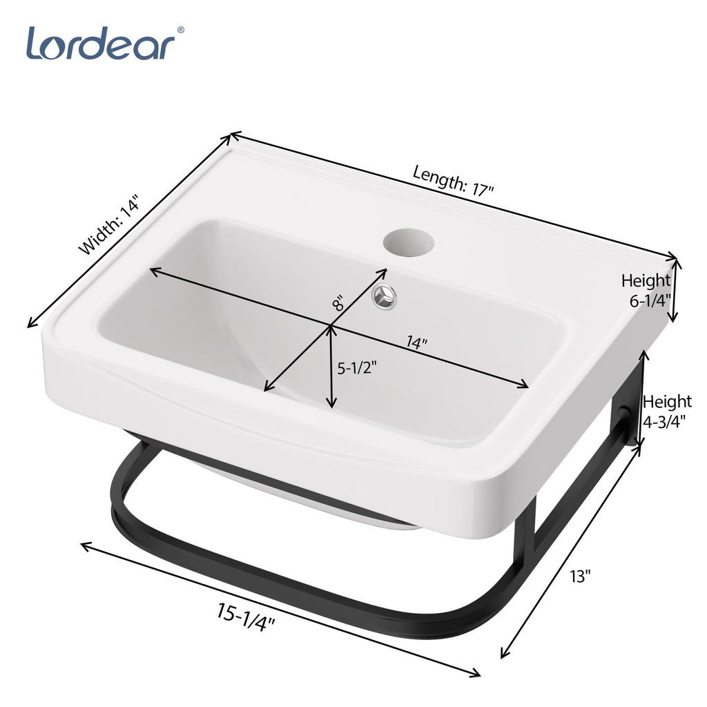 Lordear Wall Mounted Vessel Sink 16x11 Inch, U-Shape White Porcelain Bathroom Sink with Black Faucet and Support Pedestal Legs, Wall Hung Vanity Sink with Towel Rack for Small Bathrooms