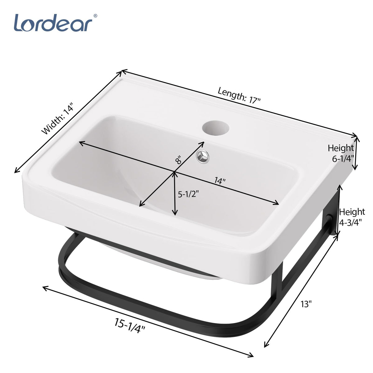 Lordear Wall Mounted Vessel Sink 16x11 Inch, U-Shape White Porcelain Bathroom Sink with Black Faucet and Support Pedestal Legs, Wall Hung Vanity Sink with Towel Rack for Small Bathrooms