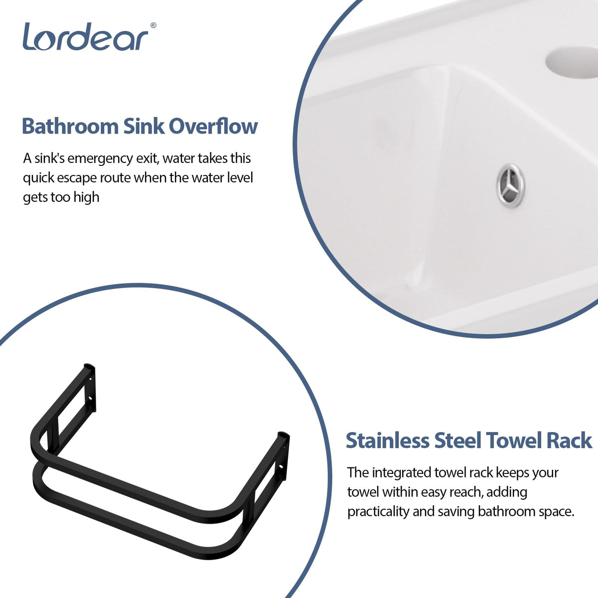 Lordear Wall Mounted Vessel Sink 16x11 Inch, U-Shape White Porcelain Bathroom Sink with Black Faucet and Support Pedestal Legs, Wall Hung Vanity Sink with Towel Rack for Small Bathrooms
