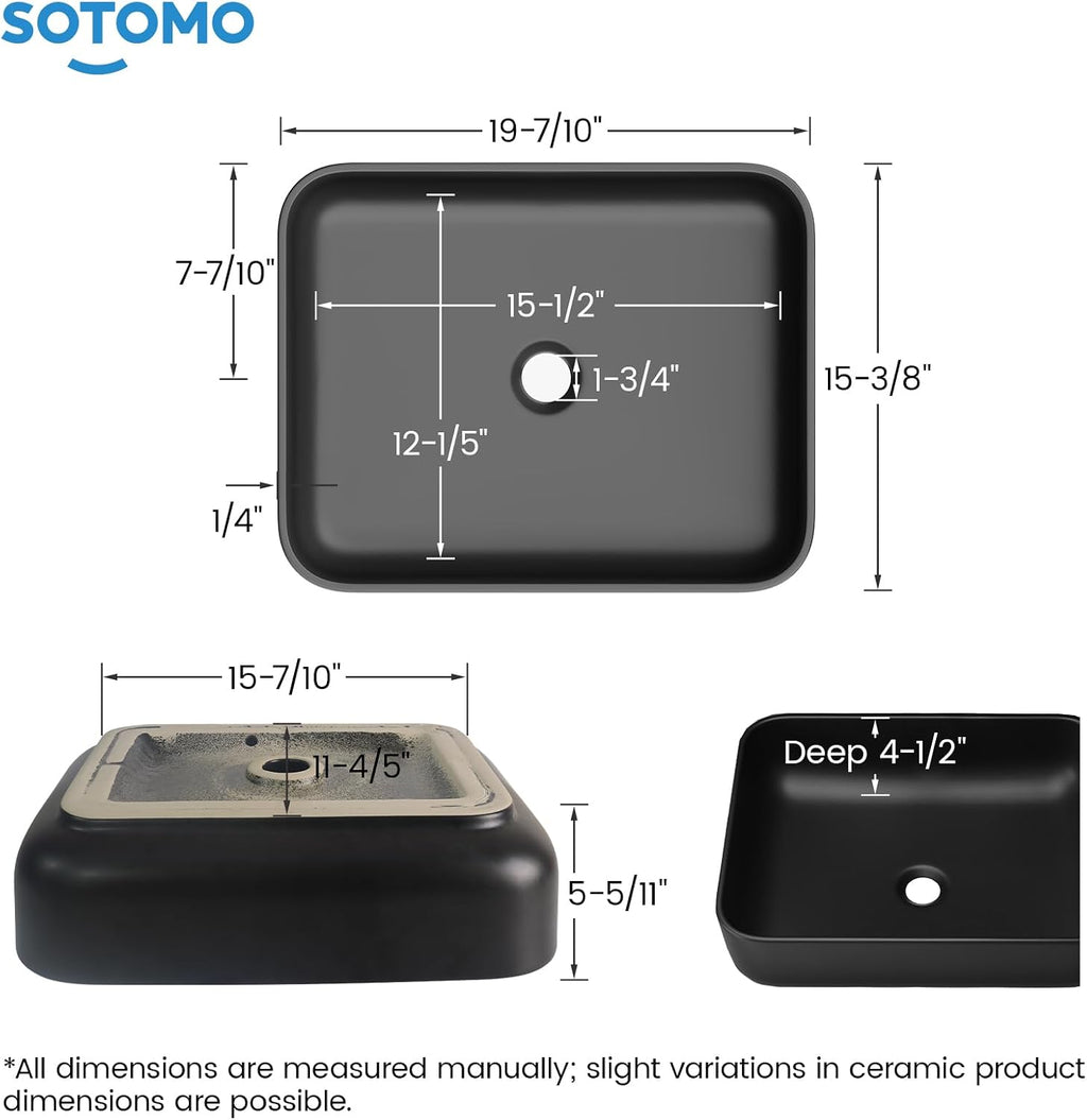 Matte Black Bathroom Vessel Sink Rectangular, 19.7â x 15.4â x 5.5â, Modern Countertop Bathroom Sink with Drainage Design, Above Counter Ceramic Basin for Powder Room - MJ-695