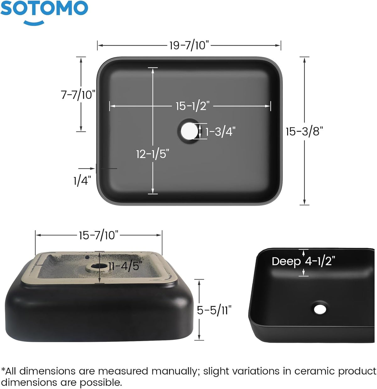 Matte Black Bathroom Vessel Sink Rectangular, 19.7â x 15.4â x 5.5â, Modern Countertop Bathroom Sink with Drainage Design, Above Counter Ceramic Basin for Powder Room - MJ-695