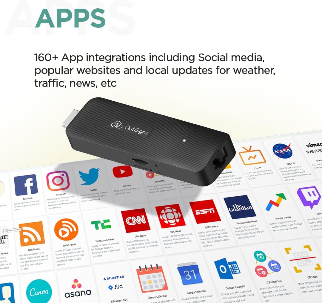 OptiSigns OptiStick Digital Signage Player - Android-Based 4K UHD HDMI Stick, Quad Core, WiFi/Ethernet, Remote Screen Management