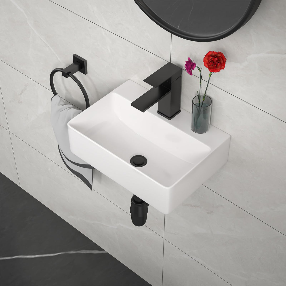 Kichae 16"x12" Vessel Sink Rectangle - Modern Above Matte Black Porcelain Ceramic Bathroom Vessel Vanity Sink Bowl Art Basin