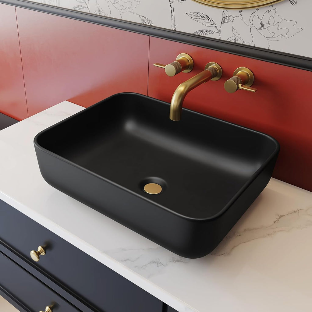 Matte Black Bathroom Vessel Sink Rectangular, 19.7â x 15.4â x 5.5â, Modern Countertop Bathroom Sink with Drainage Design, Above Counter Ceramic Basin for Powder Room - MJ-695