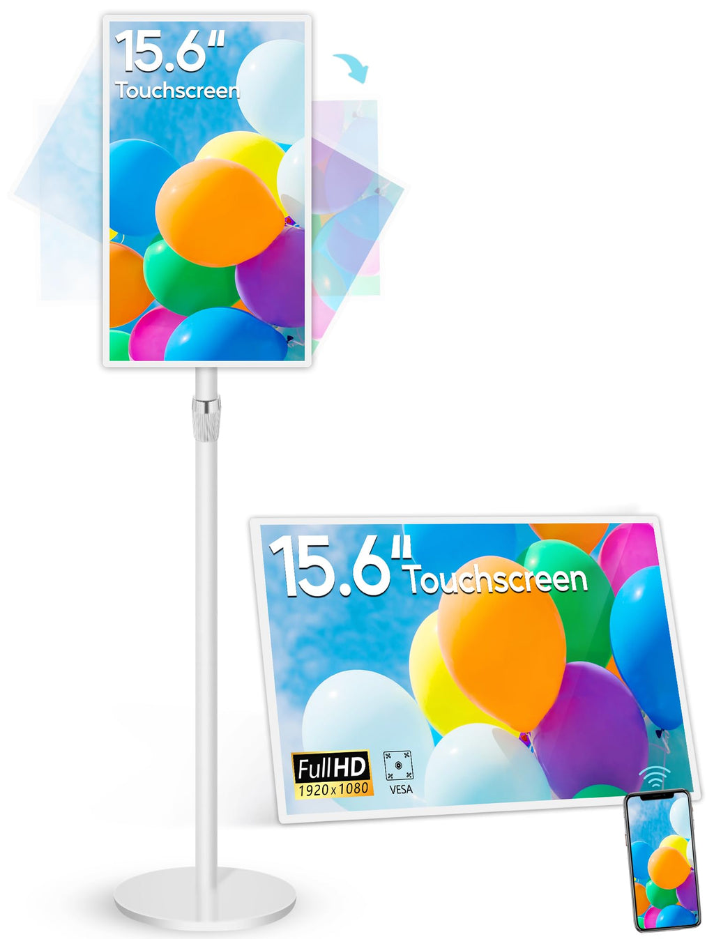 15.6" Digital Signage Capacitive Touchscreen Advertising Display with Adjustable Stand, 10000mAh Battery, Android 13 Commercial LCD Monitor with Auto Play, Wireless Screen Mirroring, 4+64GB
