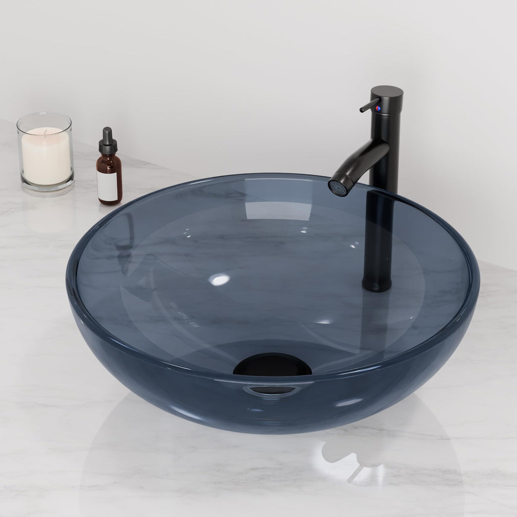 Design Vessel Sink Concrete Bathroom Sink above Counter Small Vessel Sink Bathroom Sink Bowl Countertop Modern Sinks with Faucet and Drain Combo 15.7" Round Gray