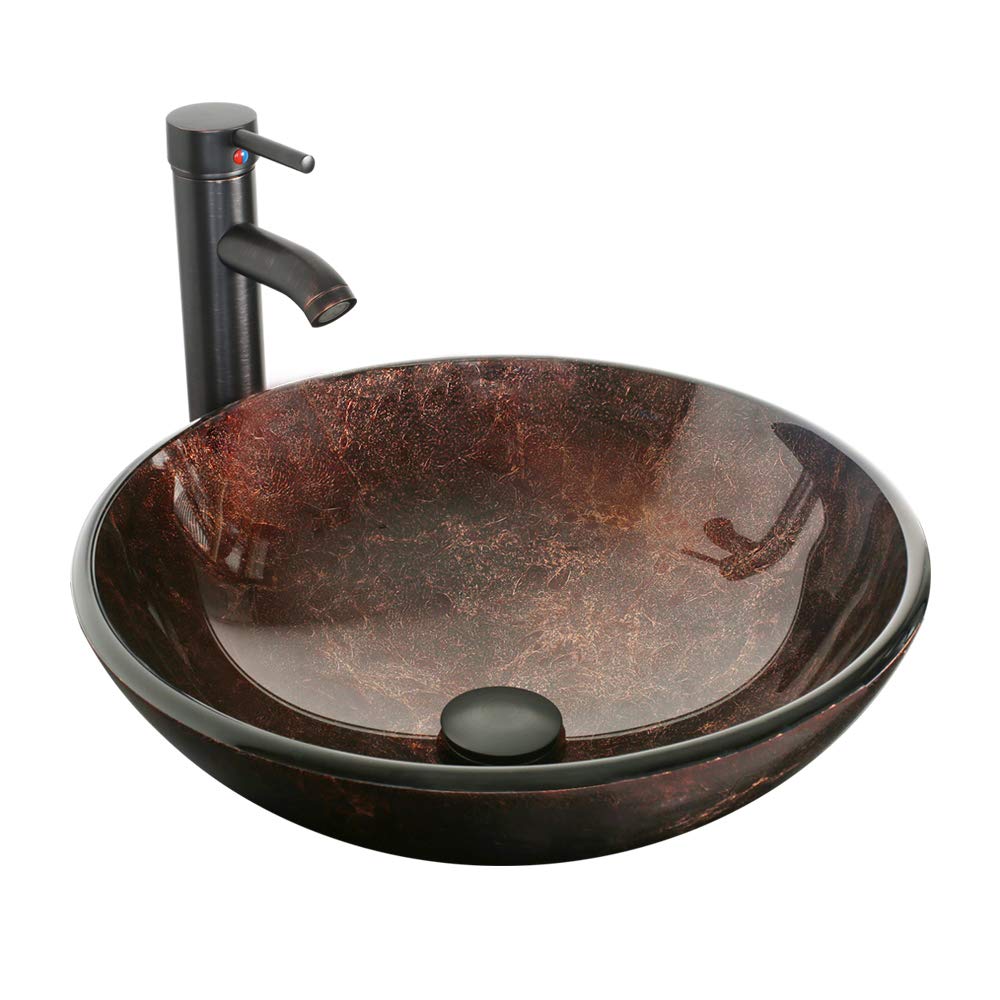 eclife 21.5" Bathroom Vessel Sink Modern Artistic Single Brown Boat Tempered Glass Basin Countertop Bowl Sink for Lavatory Vanity Cabinet, W/Water Save Faucet Pop Up Drain (A29BR)