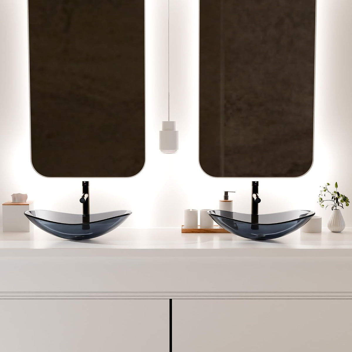 Vessel Sink Bathroom Sinks Tempered Glass Art Basin 20.8"x13.7" Oval Bowl Above Counter with Faucet and Pop-Up Drain Combo, Oval Clear Grey,Modern Countertop Bowl Sink