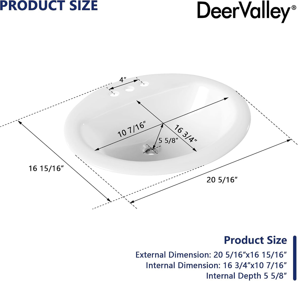 DeerValley Modern Drop In Bathroom Sink White 20"x17" Oval Vanity Art Basin