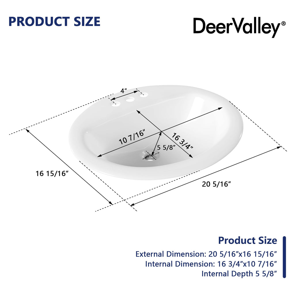 DeerValley Modern Drop In Bathroom Sink White 20"x17" Oval Vanity Art Basin